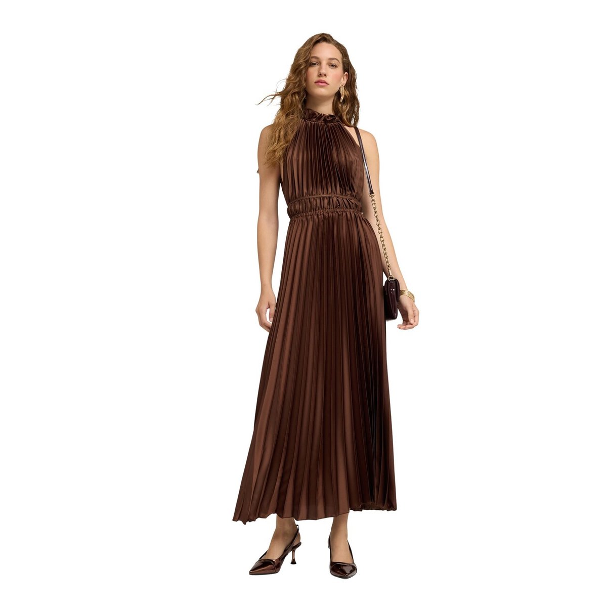 Robe longue plissée avec goutte au dos marron, MOTIVI