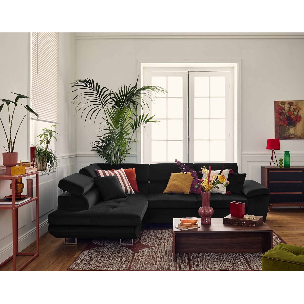 Canapé d'angle gauche convertible 5 places, DIMAS noir, BEST MOBILIER