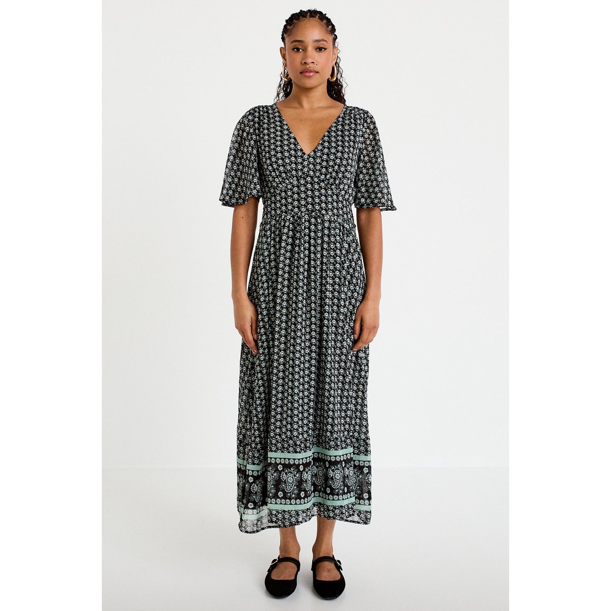 Robe longue évasée col v voile noir, CACHE CACHE
