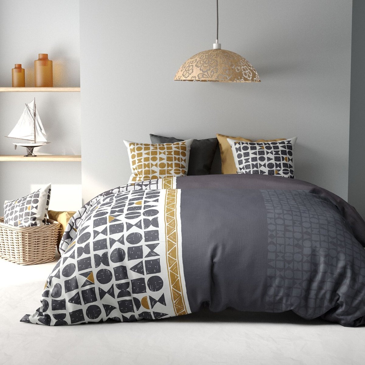 Parure housse de couette en coton imprimée, UNION bleu foncé, ATELIER DU COTON