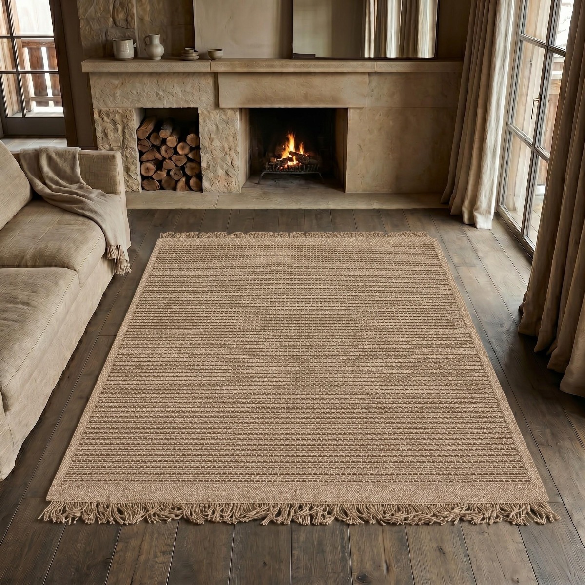 Tapis en jute artisanal à franges   JUTE NATUREL - style bohème beige, THE DECO FACTORY