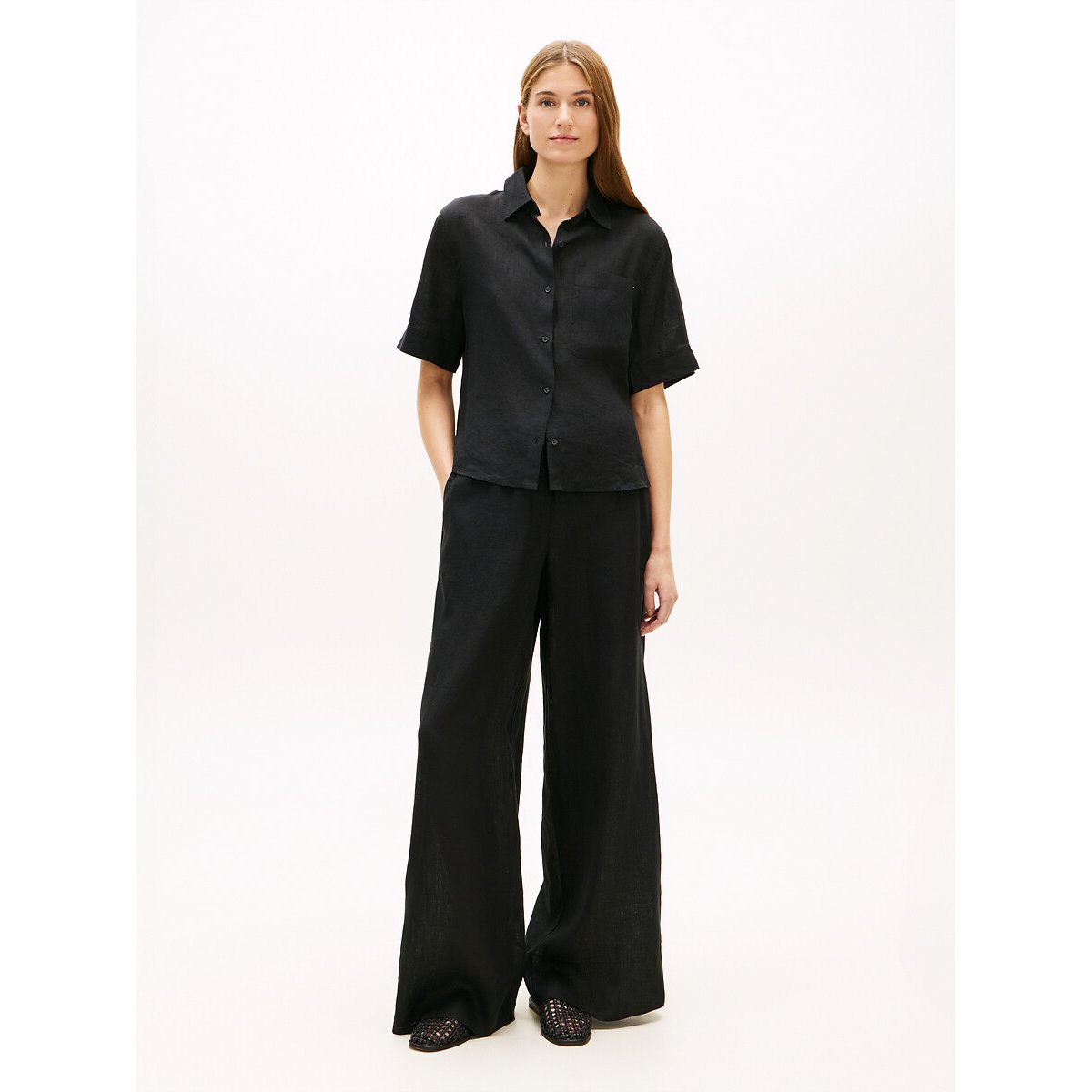 Linen Wide Leg Trousers black, TOMMY HILFIGER