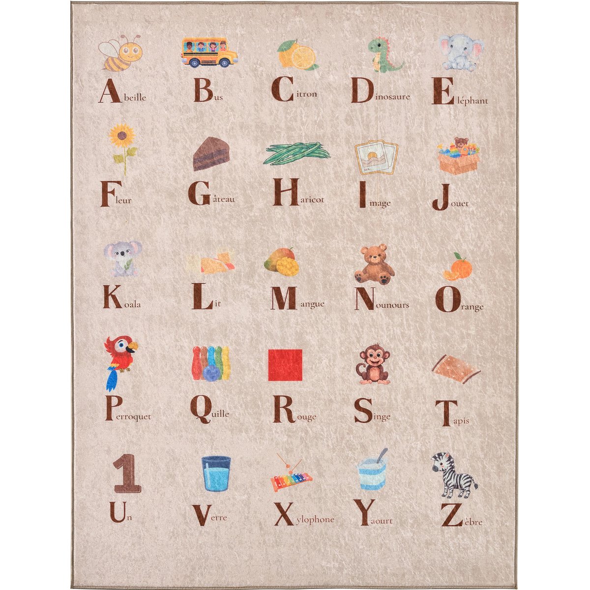 Tapis enfant lavable en machine, motif alphabet HAPPY couleur unique, NAZAR RUGS