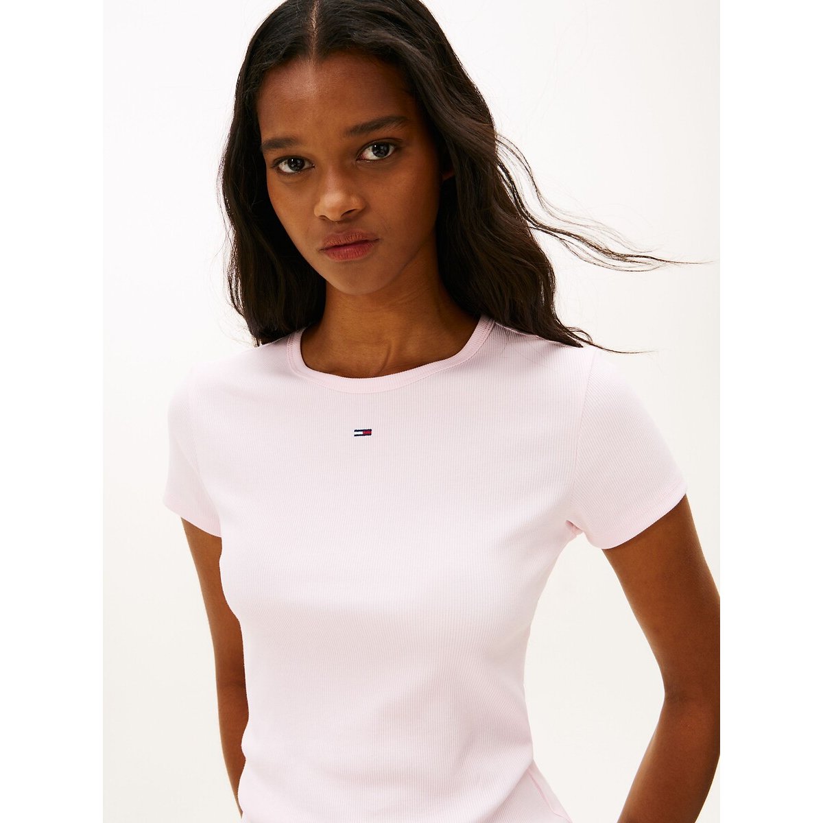 T-shirt rayé, col rond, manches courtes rose clair, TOMMY JEANS