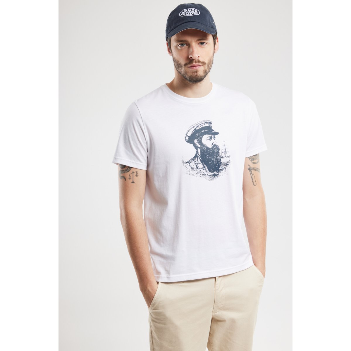 T-shirt sérigraphié en coton léger marin à casquette/blanc, ARMOR-LUX