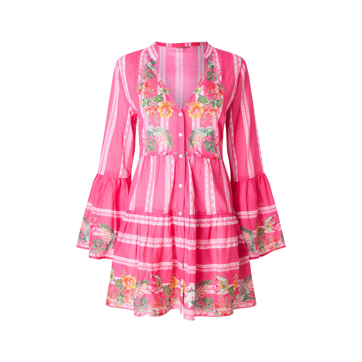 Robe tunique coton florale à manches évasées rose, JOE BROWNS