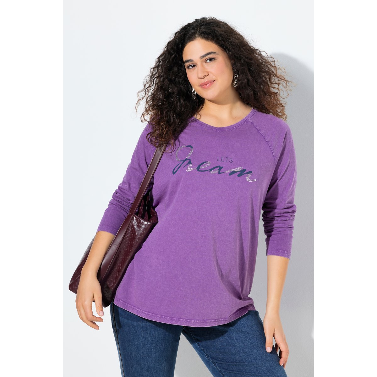 T-shirt évasé à col en V et manches longues prune clair, ULLA POPKEN