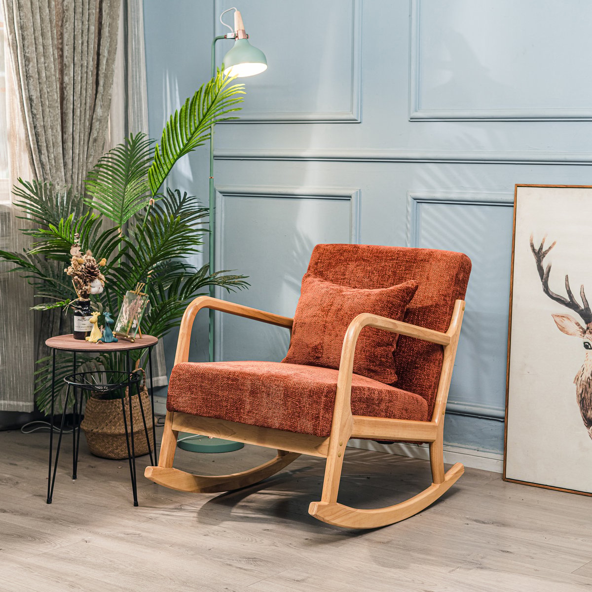 Rocking chair bois massif et tissu, DIANA terracotta, NORDLYS
