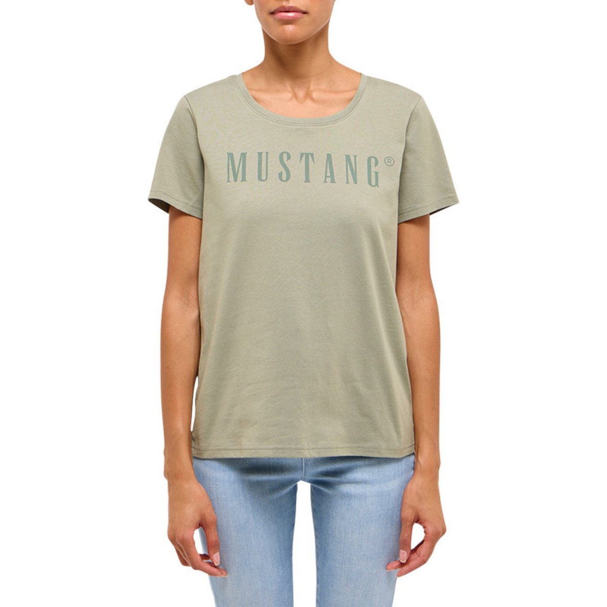 T-shirt en coton vert tilleul avec un logo imprimé et des manches courtes vert, MUSTANG