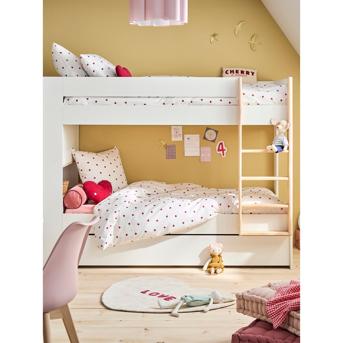 Parure housse de couette et taie d'oreiller COEURS blanc imprimé, VERTBAUDET