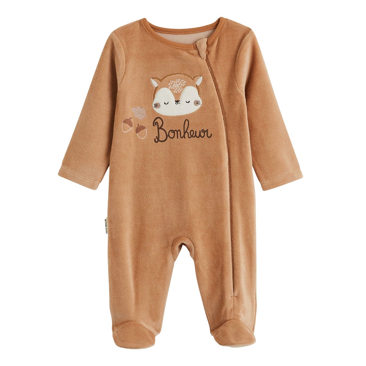 Lot de 2 pyjamas bébé en velours ouverture zippée Caramel marron, PETIT BEGUIN