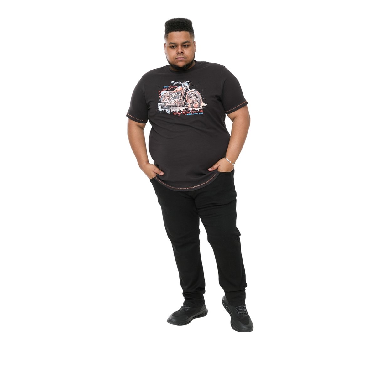 T-shirt motif/style moto grande taille LORNE noir délavé imprimé, DUKE