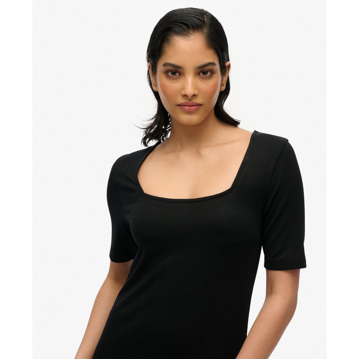 Robe mi-longue en jersey à manches courtes et encolure carrée noir, SUPERDRY