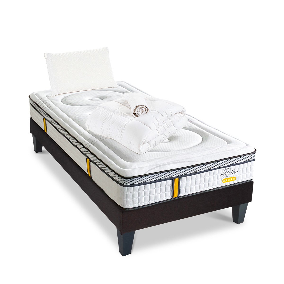 Pack Reina 2.0 140x200 cm Matelas Ressorts + Sommier Bois + Accessoires blanc, BELLECOUR