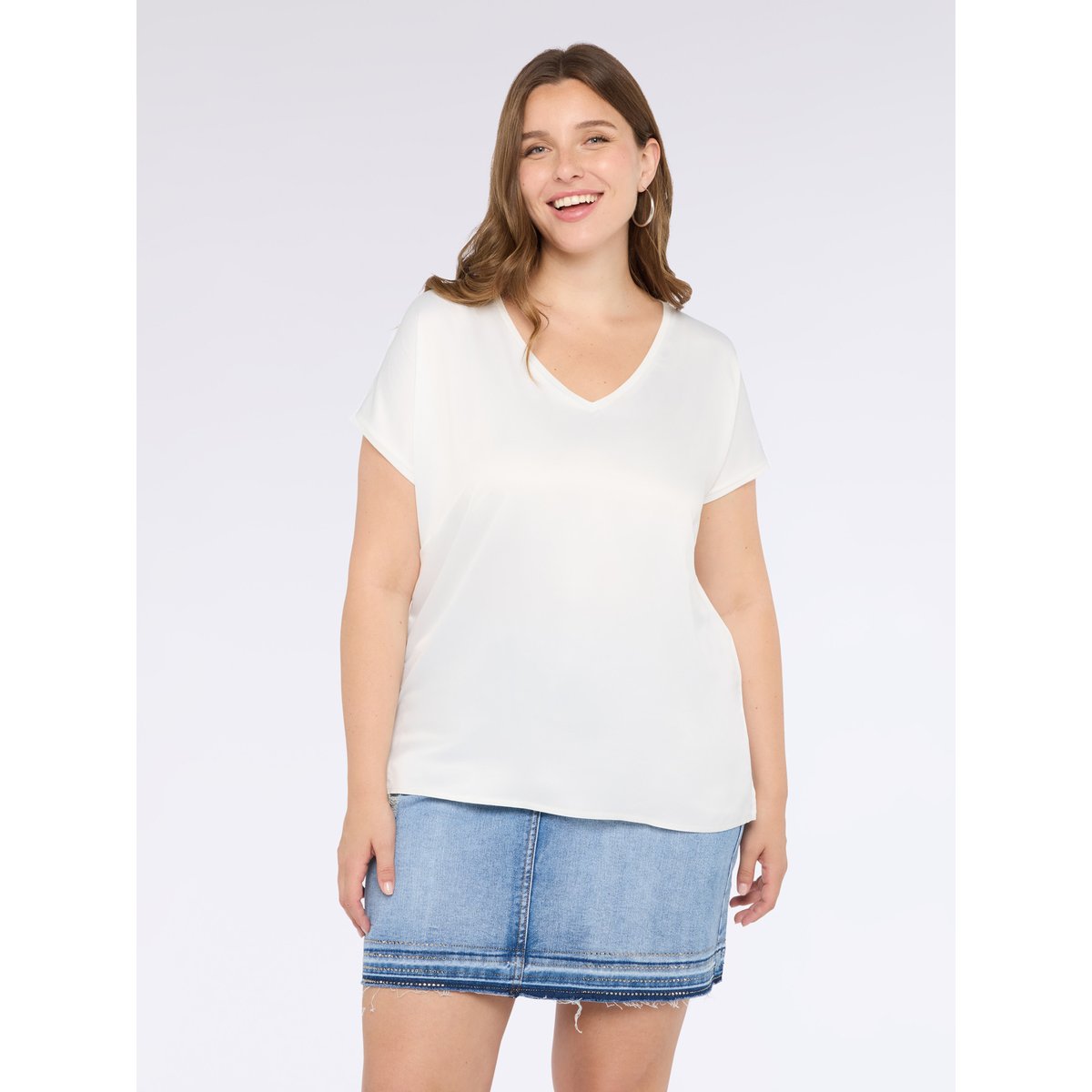 T-shirt bimatière avec col en V blanc, FIORELLA RUBINO