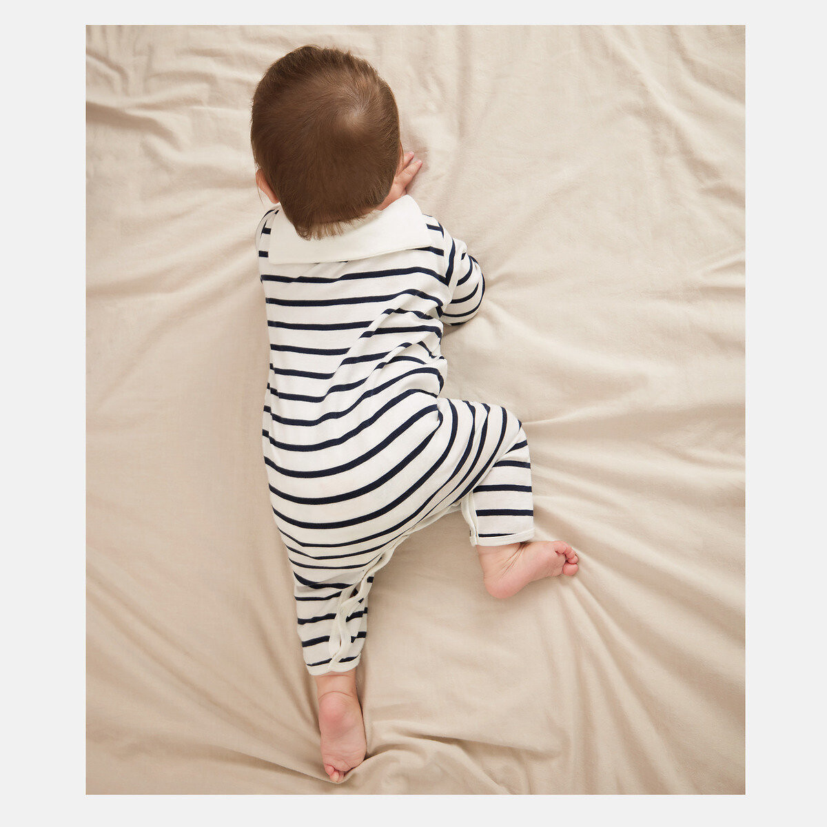 Pigiama in cotone, senza piedi, con stampa a righe rigato blu, PETIT BATEAU