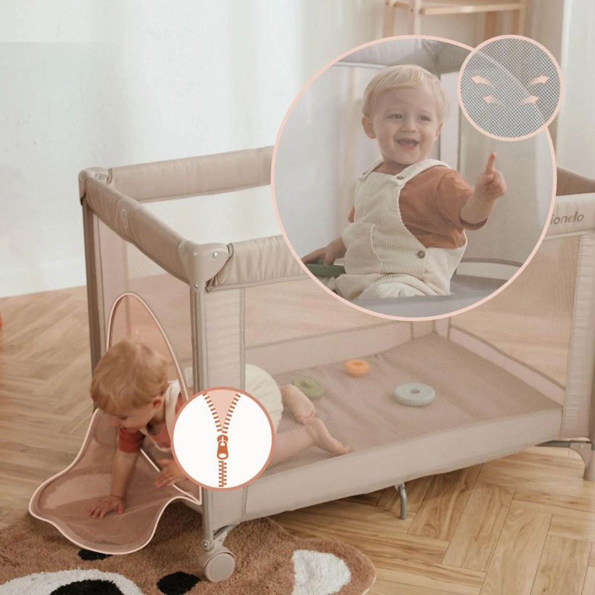 Lit parapluie bébé Amelie compact avec matelas Grey Concrete beige sand, LIONELO