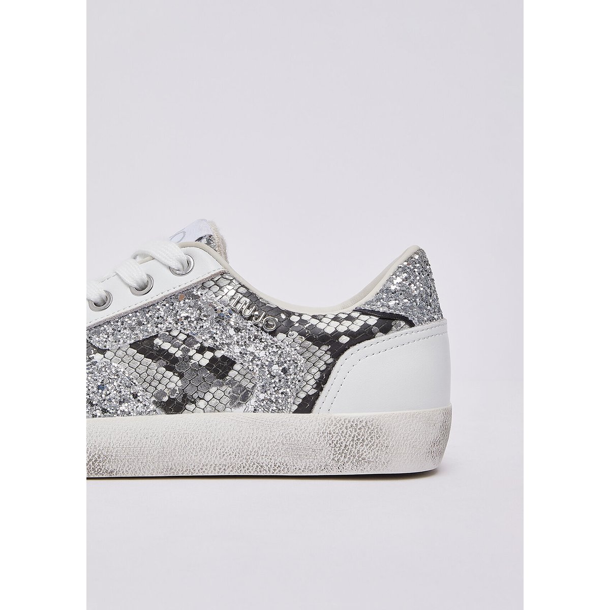 Sneakers paillettes effet python argent et blanc, LIU JO