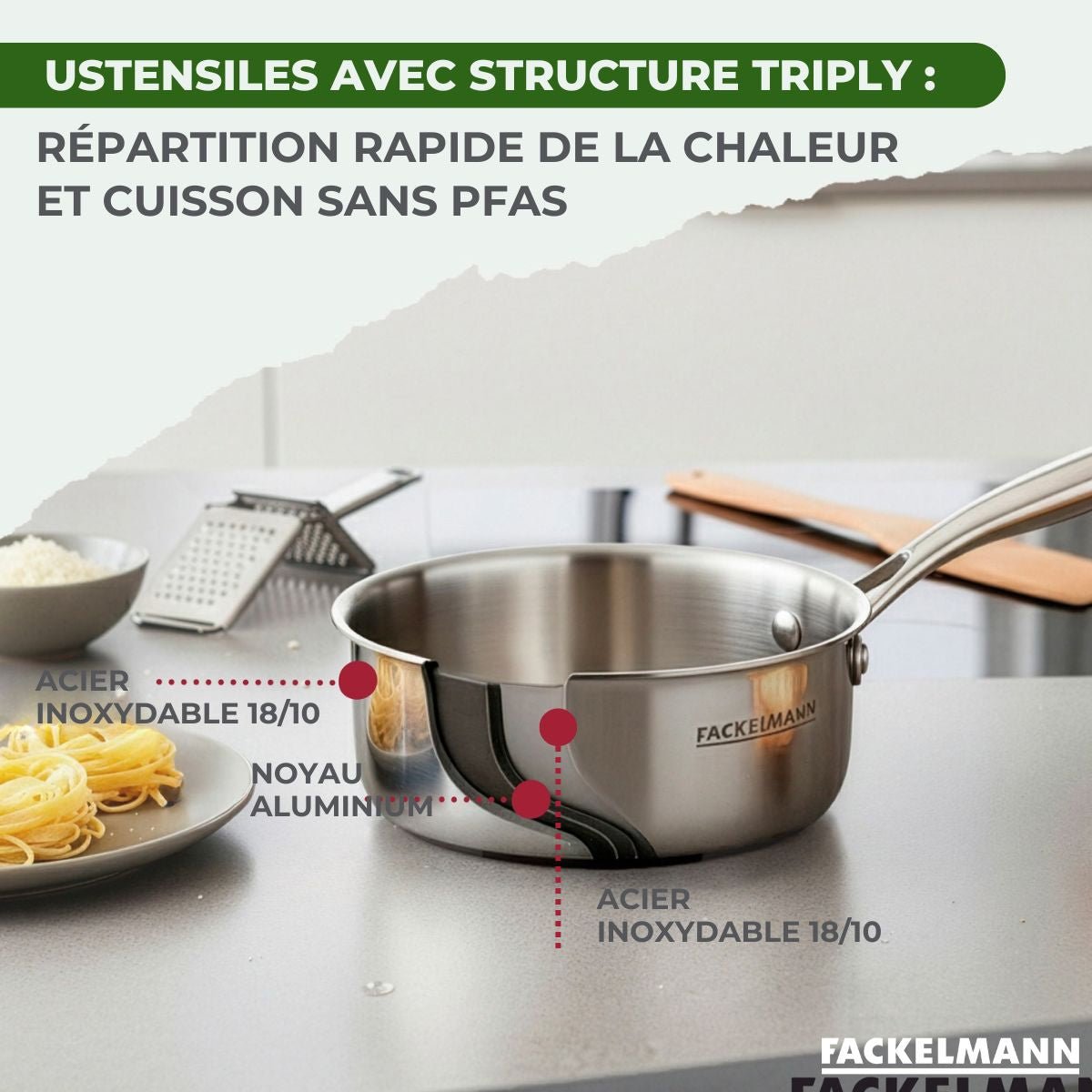 Batterie 3 poêles 20/26/28cm + 2 casseroles 14/18cm VITA3 gris, FACKELMANN