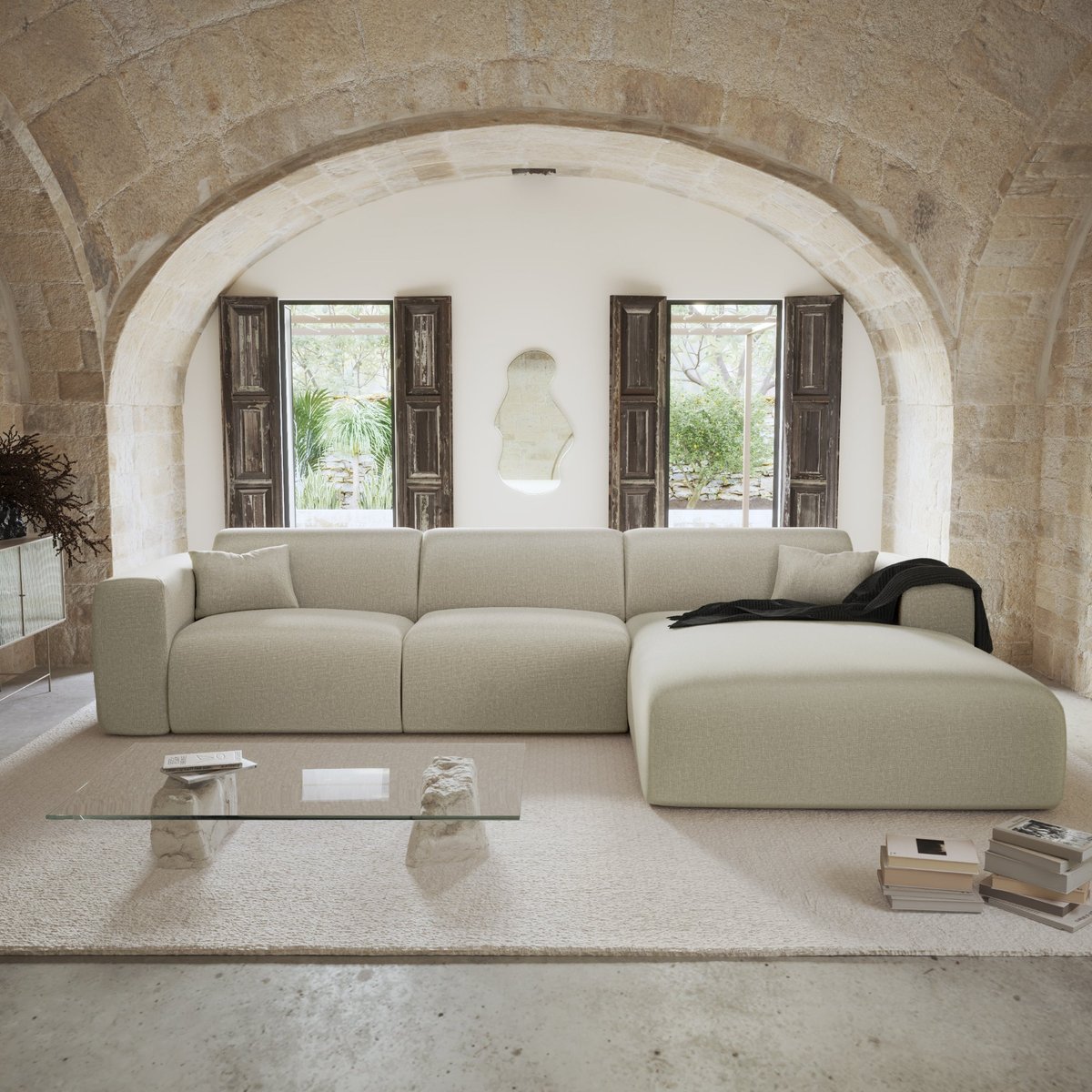 Canapé angle droit convertible express 5 places en tissu tramé MYRA beige, SIA HOME