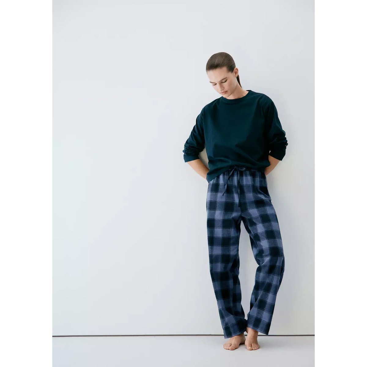 Pyjama deux pièces en flanelle à carreaux bleu, MANGO