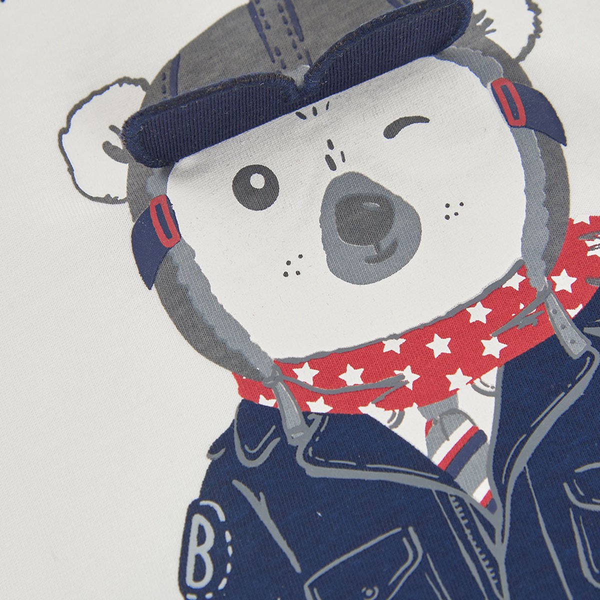 T-shirt garçon en maille imprimé koala pilote blanc, BOBOLI