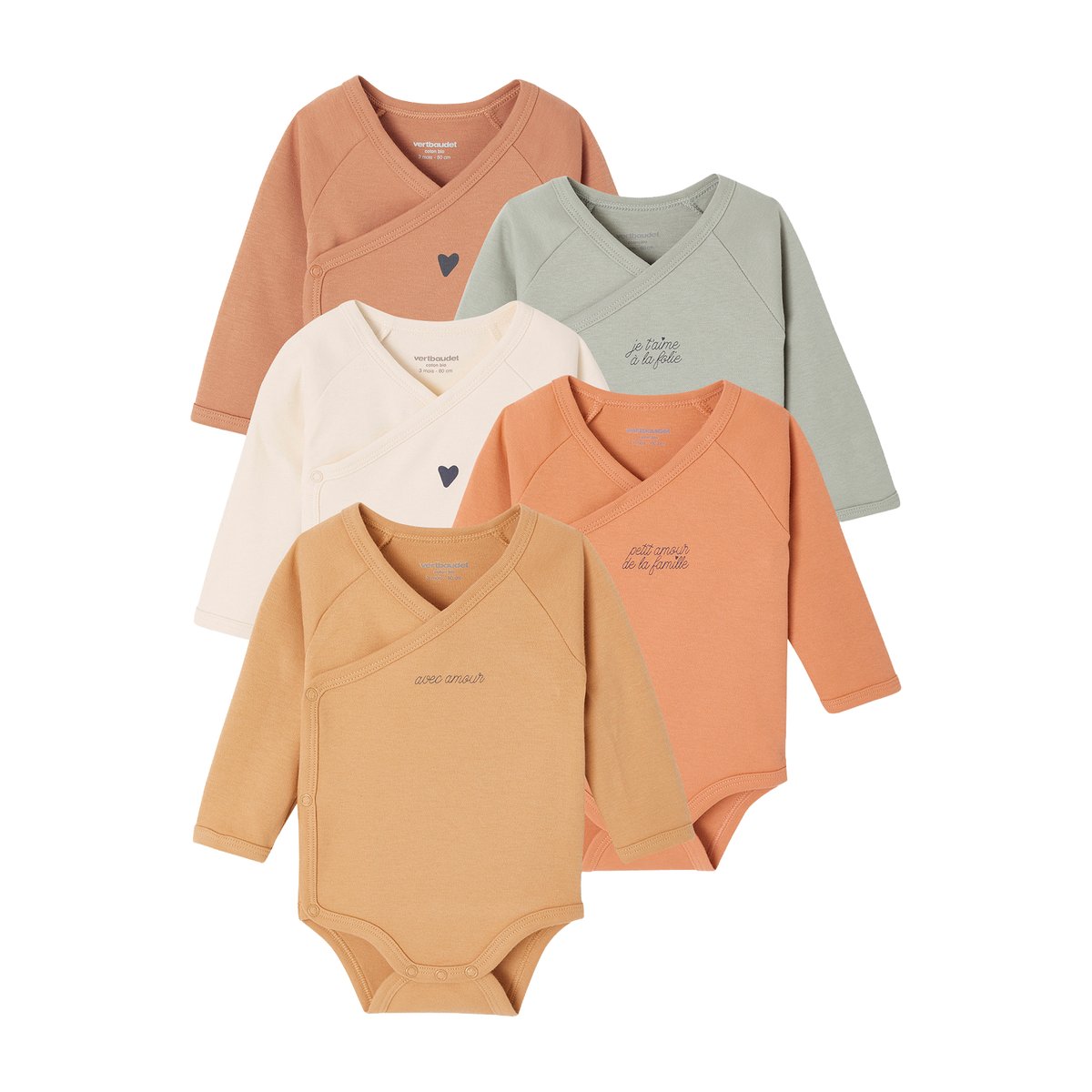 Lot de 5 bodies Basics ouverture naissance jaune pâle, VERTBAUDET
