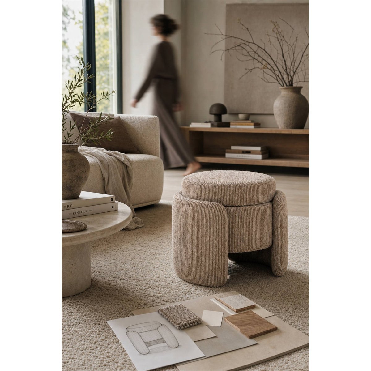Pouf coffre de rangement en tissu texturé mocca linéaire, RECOLLECTION