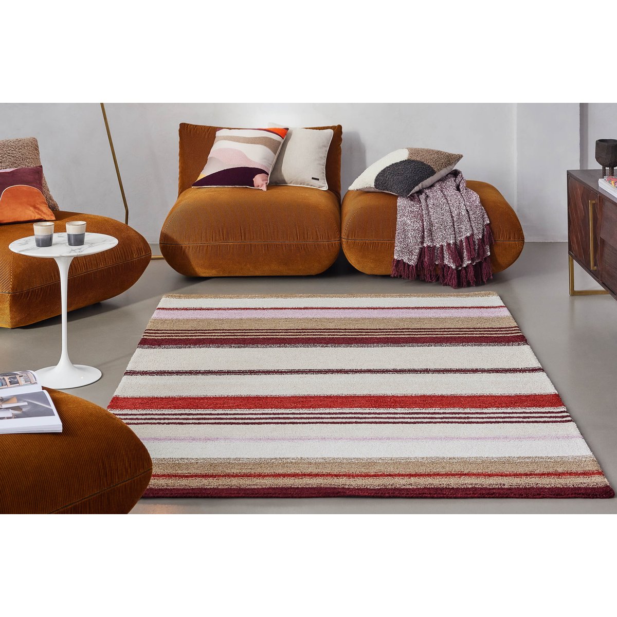 Tapis rayé coloré tufté main , Petrol beige/rouge, WECON HOME