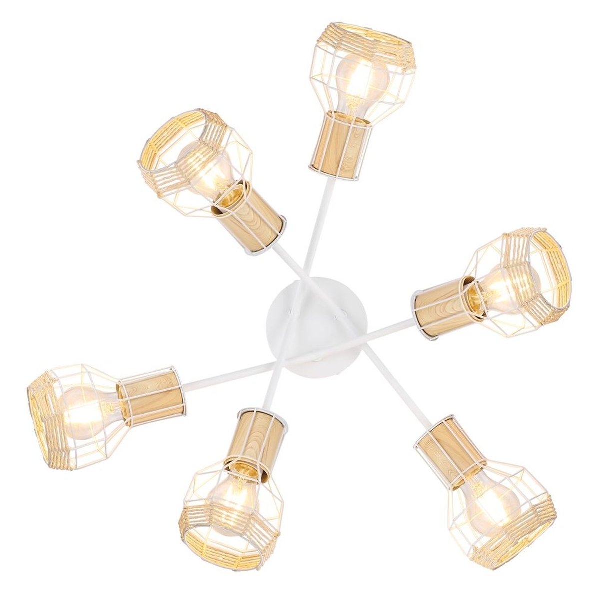 Plafonnier rond 6 spots en métal et bois avec corde BANA blanc, GLOBO LIGHTING