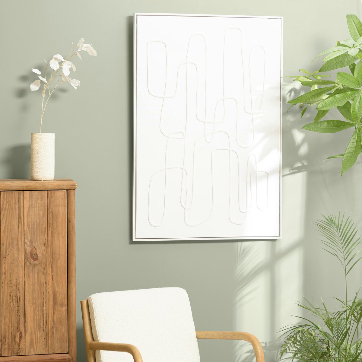Tableau blanc lignes abstraites peinture au sable 83 x 123 cm blanc - lignes, PIER IMPORT