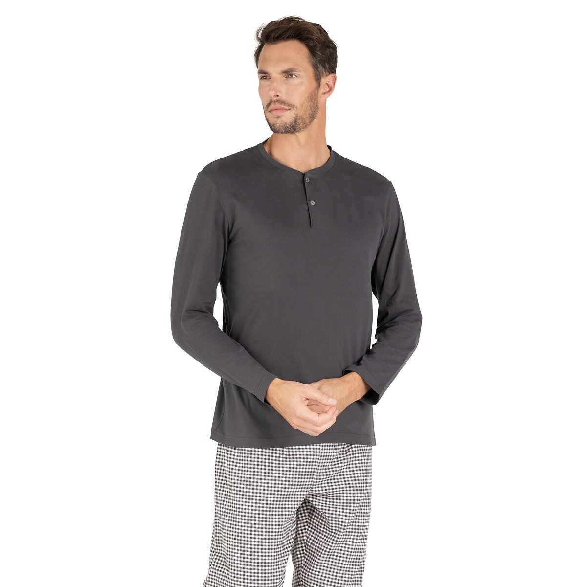 Pijama com parte de cima estilo tunisino, em algodão, e calças em flanela antracite, EMINENCE
