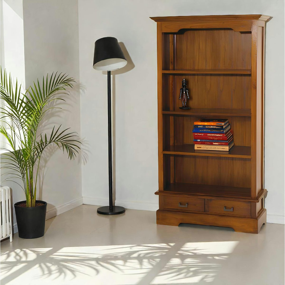 Bibliothèque 4 niveaux 98x180cm bois exotique massif verni 2 tiroirs LOLA bois naturel, PIER IMPORT