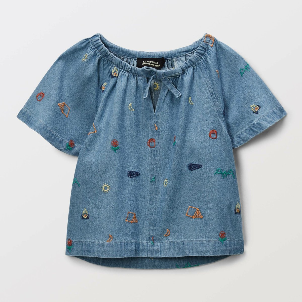Blouse brodée en jean bleach denim, MONOPRIX