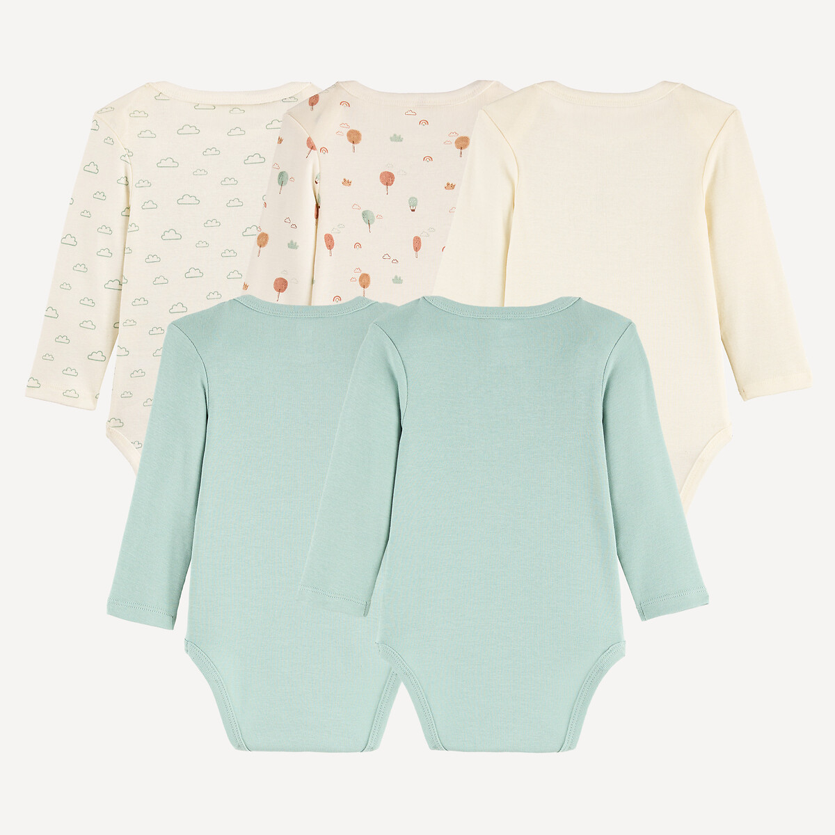 Lot de 5 bodies emmanchures américaines manches longues, thème nature ecru + bleu, LA REDOUTE COLLECTIONS