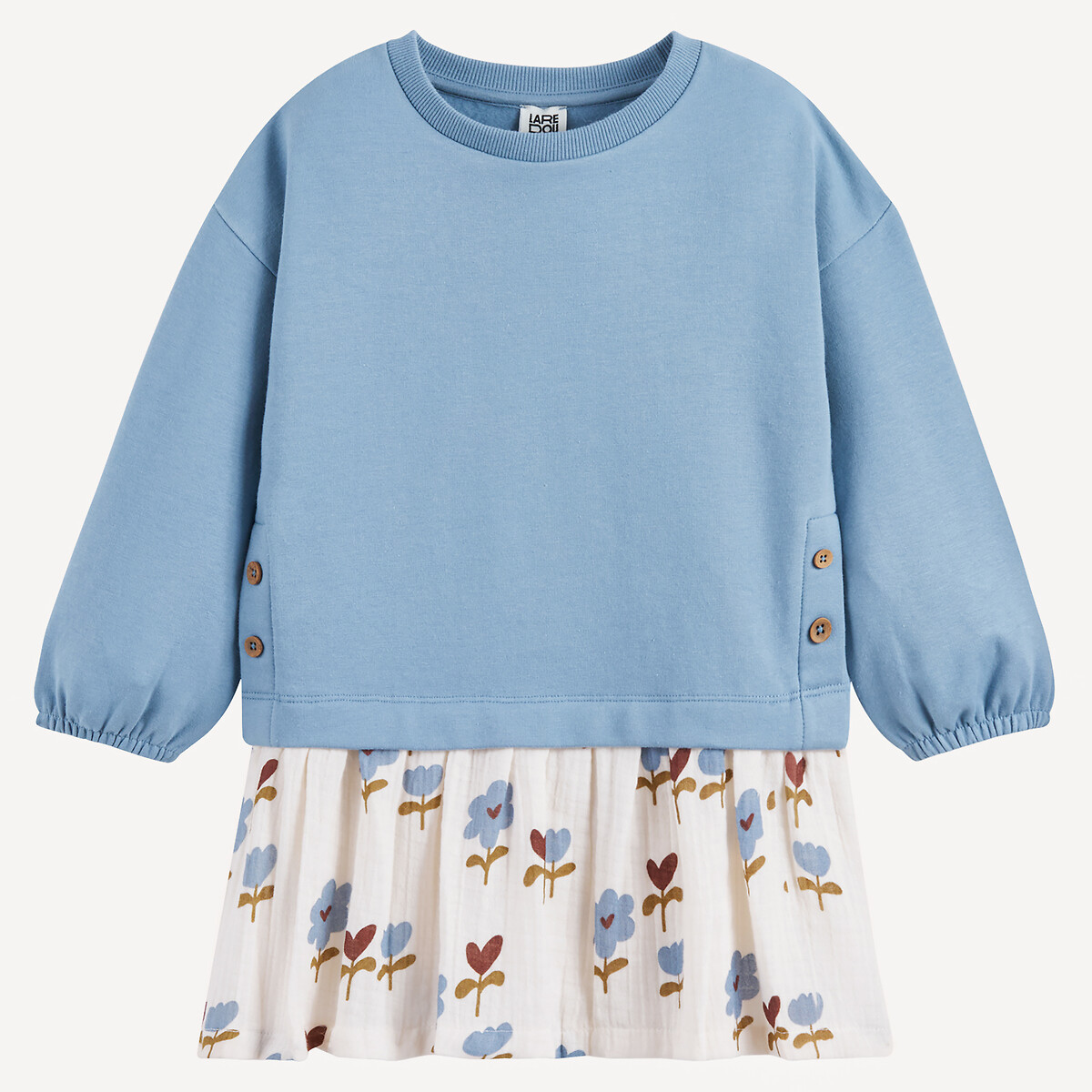 Long Sleeve Overlay Dress blue + ecru print, LA REDOUTE COLLECTIONS