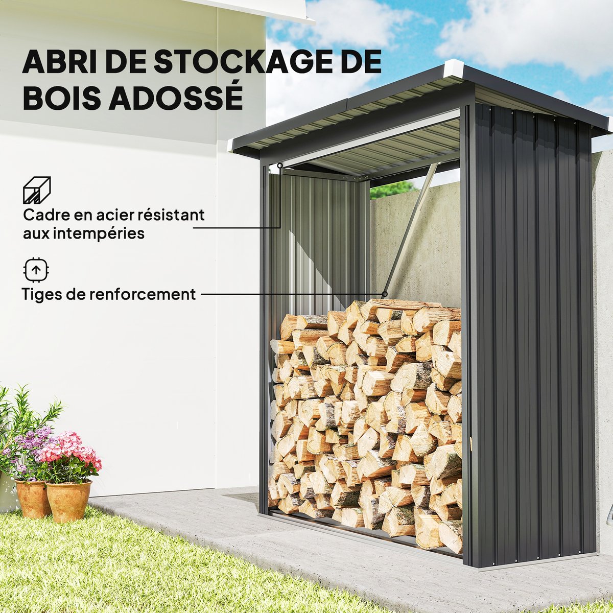 Abri pour le stockage du bois Acier galvanisé gris foncé, OUTSUNNY