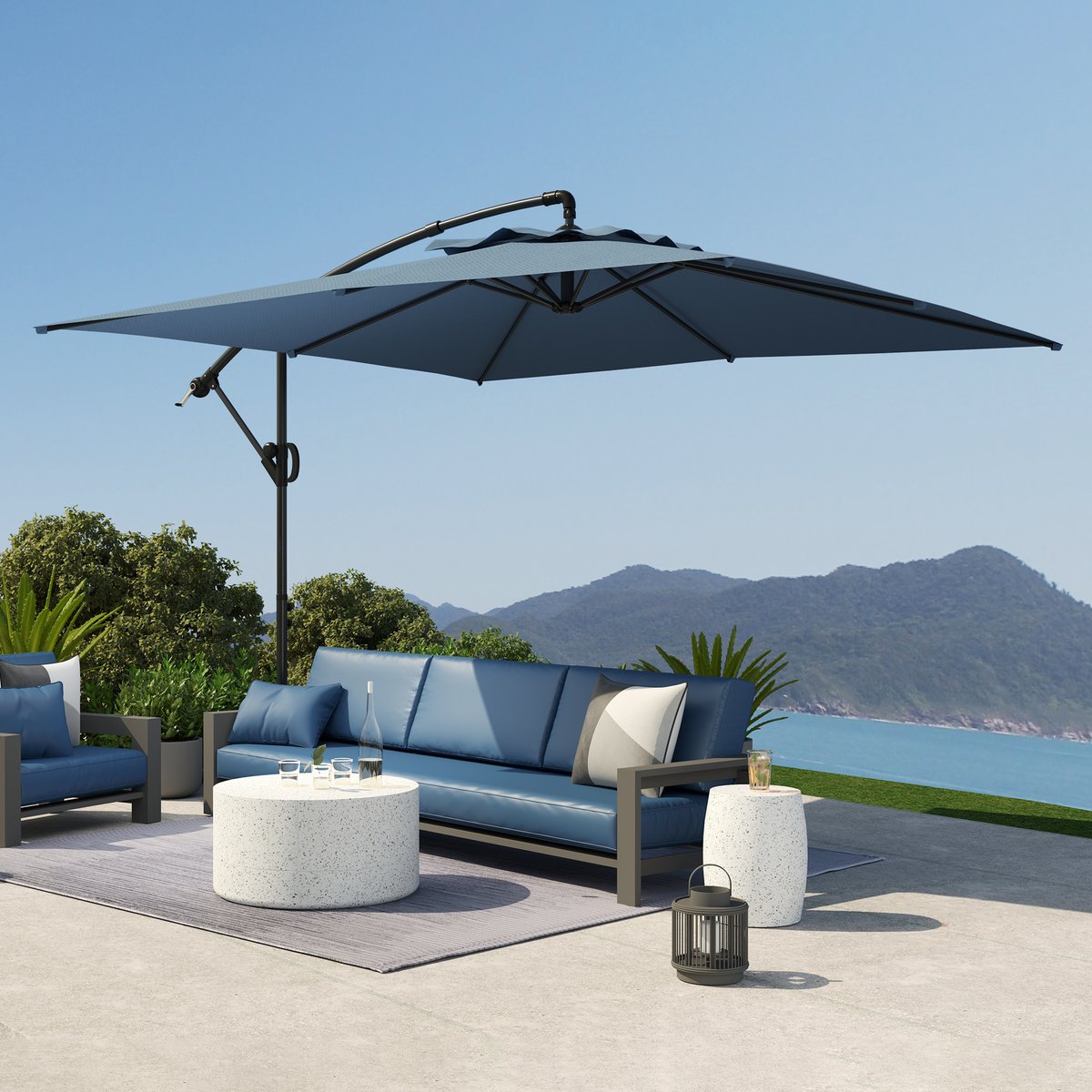 Parasol de terrasse à pied déporté Polyester bleu, OUTSUNNY