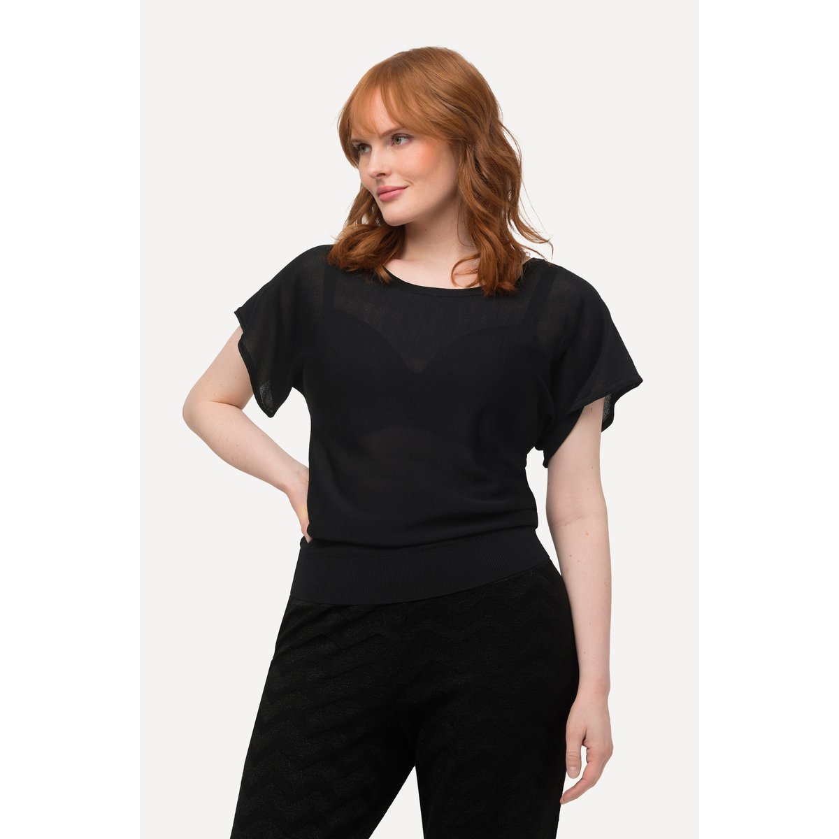T-shirt en lin mélangé à col rond et manches noir, ULLA POPKEN