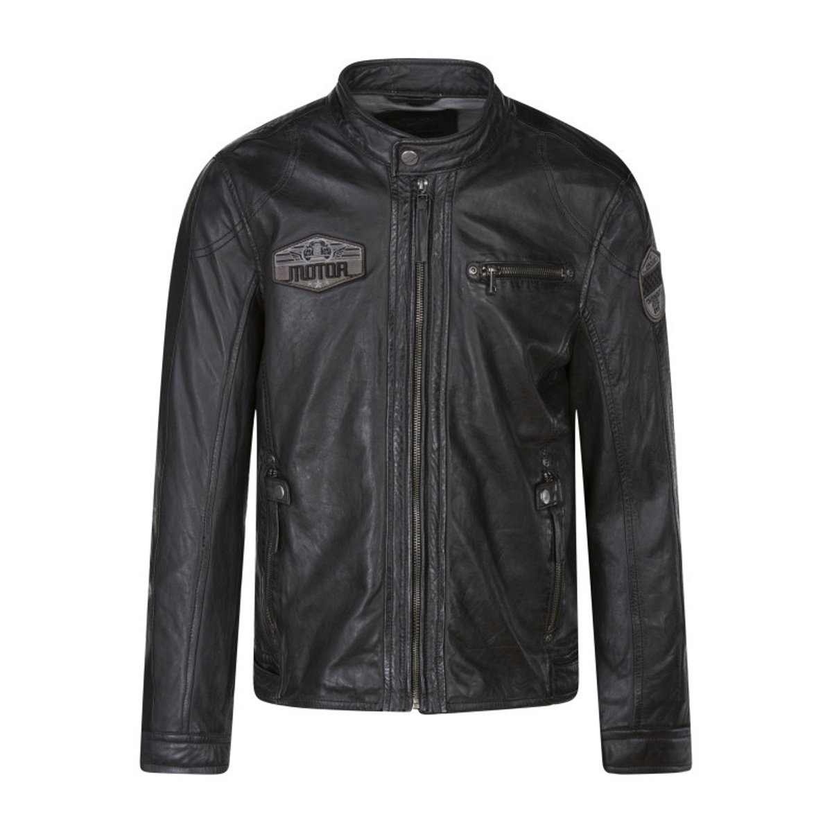Blouson en cuir de mouton anthracite uni avec une coupe ajustée et un col rond anthracite, GIPSY
