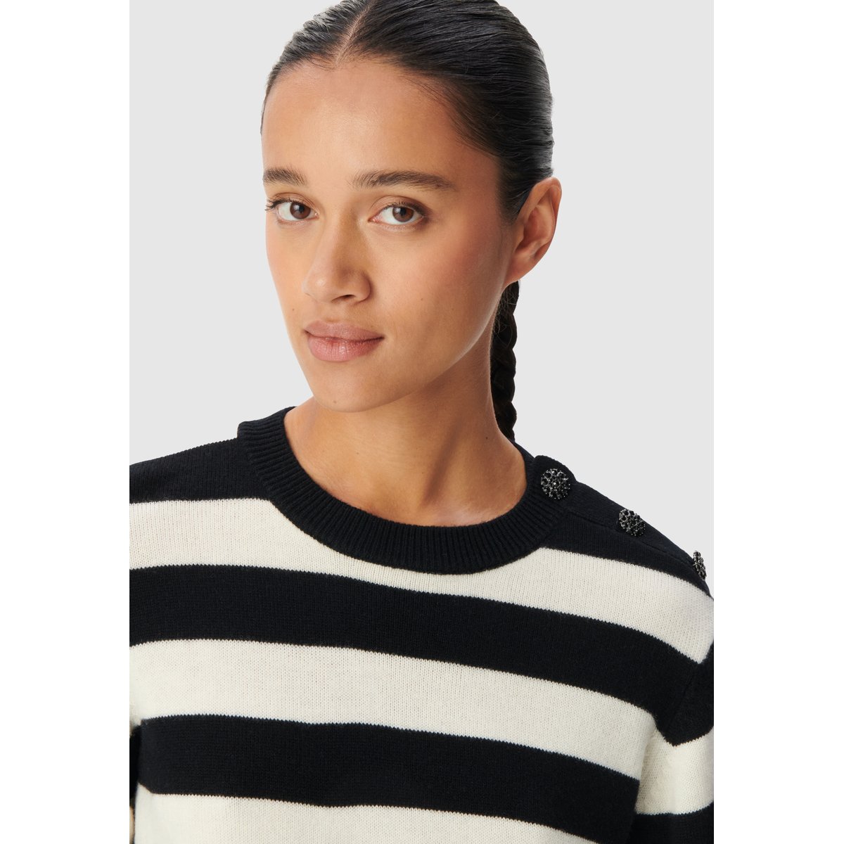 Pull tricot laine motif rayures blanc cassé, IKKS