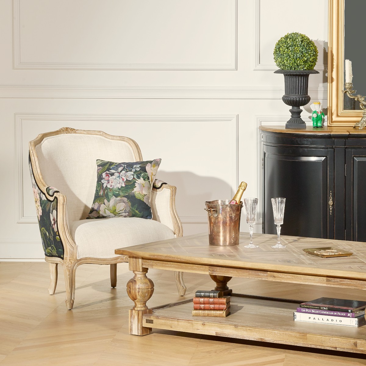 Fauteuil bergère lin et tissu imprimé VICTOR lin, ROBIN DES BOIS
