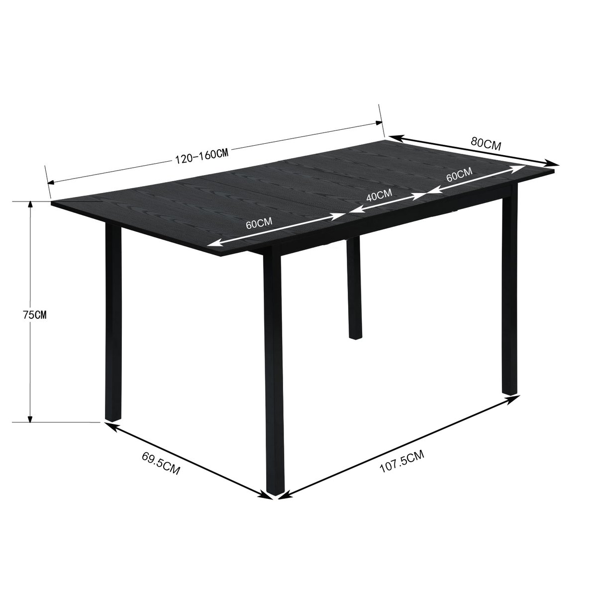 Table à manger extensible à allonge papillon intégrée, BARI noir, MEUBLES COSY