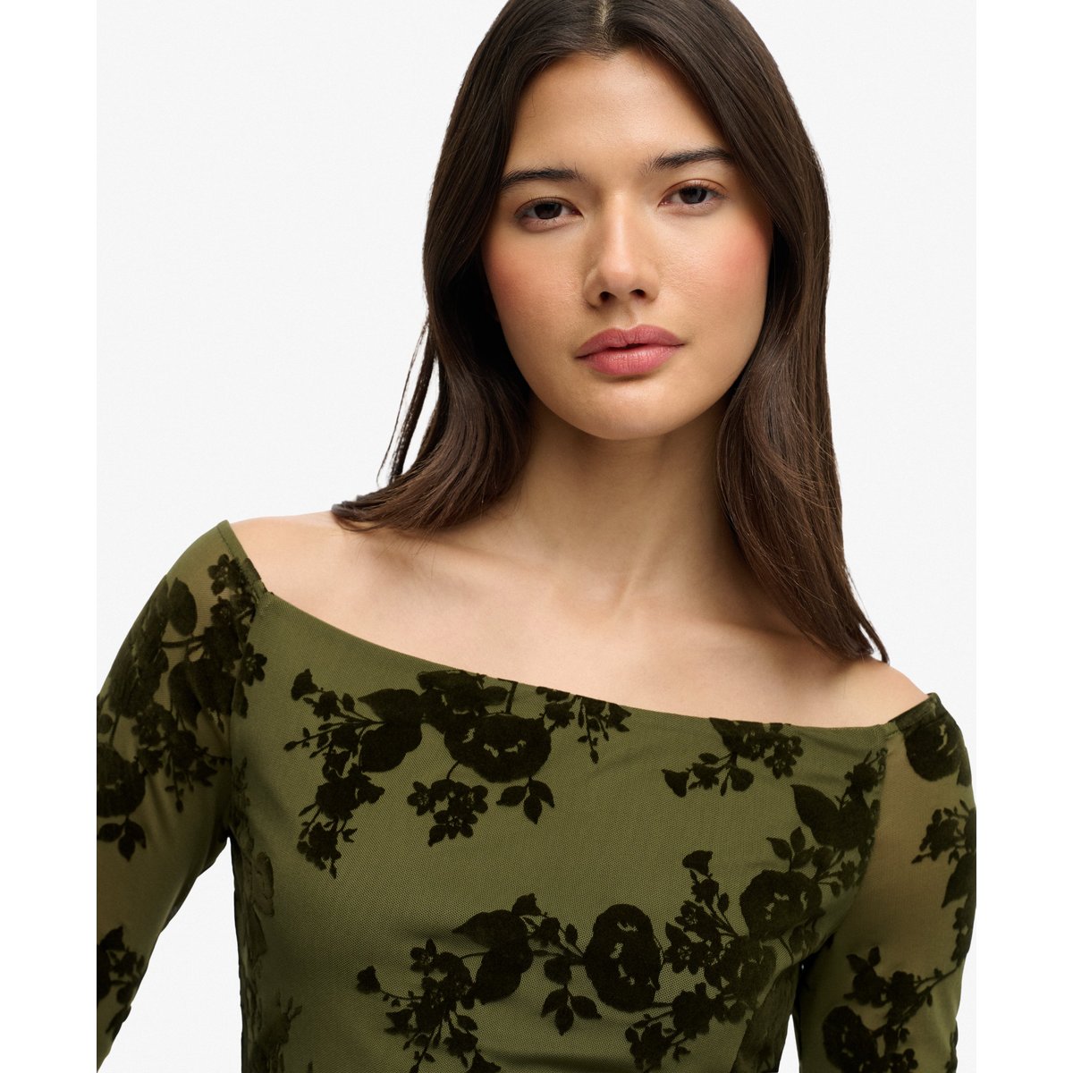 Top à manches longues en mesh floqué vert sapin, SUPERDRY