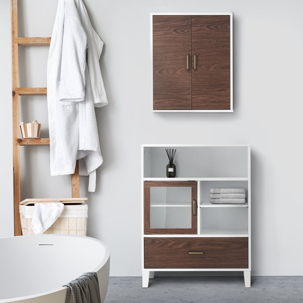 Armoire avec porte vitrée, tiroir, étagères, Blanc, TYLER couleur unique, TEAMSON HOME