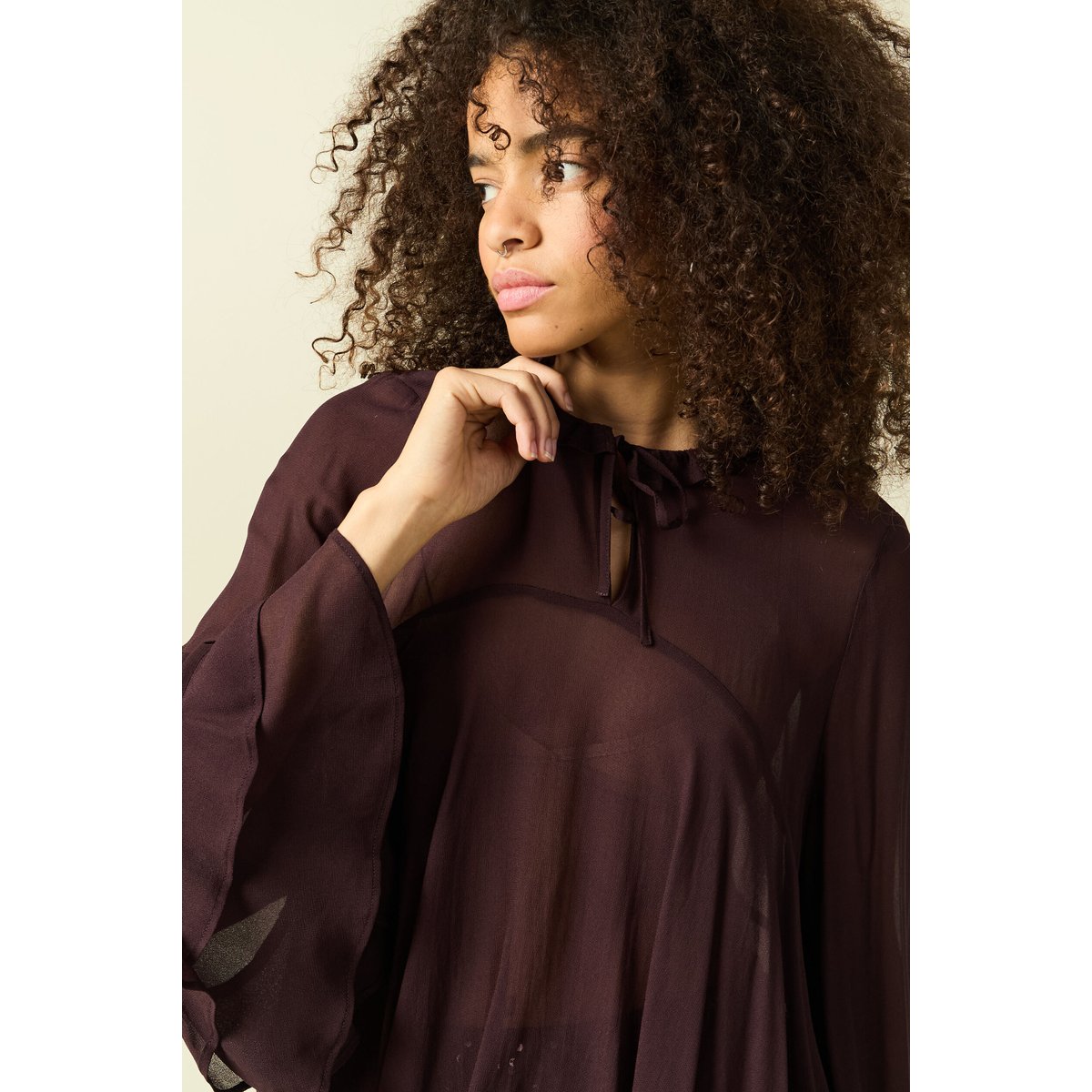 Blouse manches longues col ras de cou marron foncé, BONOBO