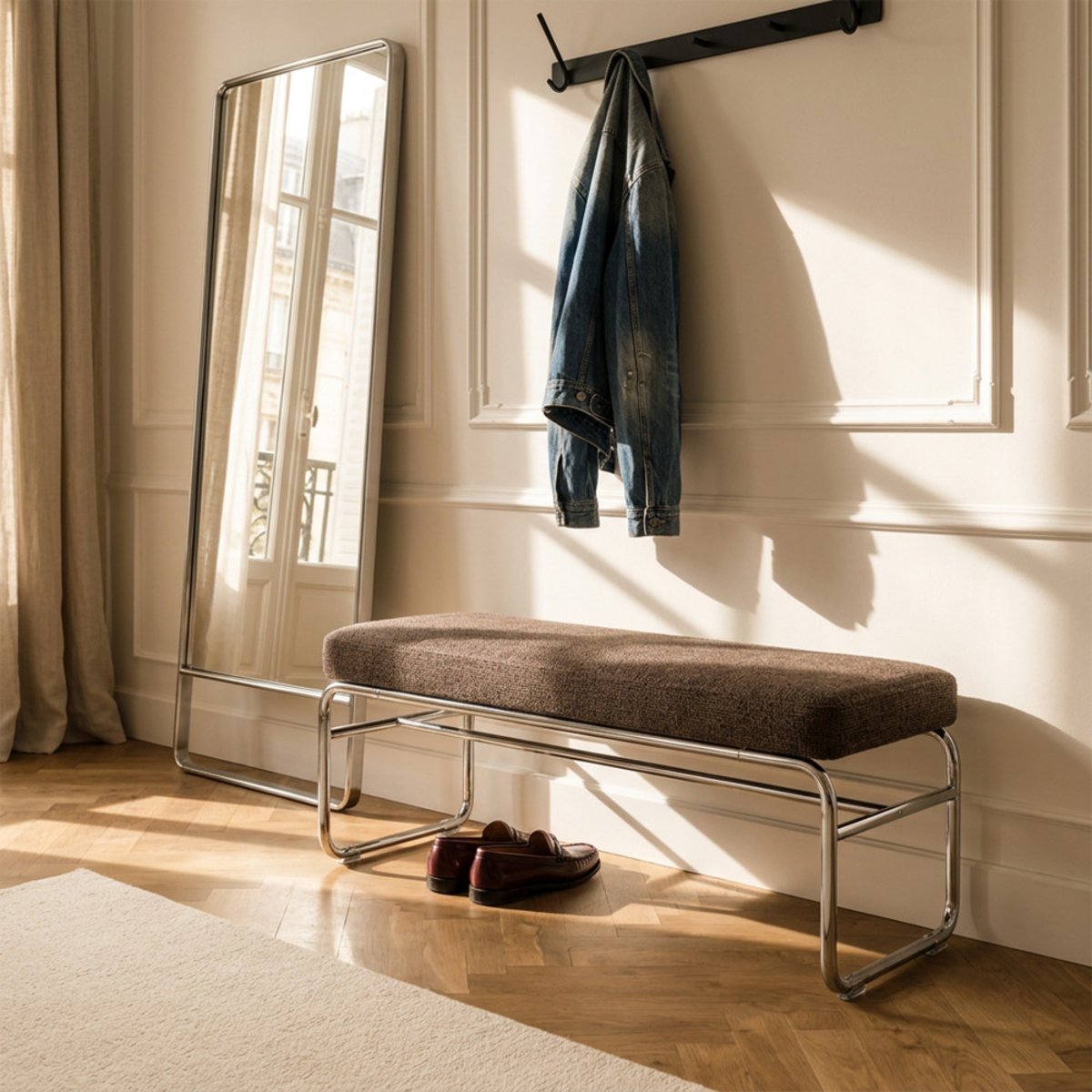 Banc en tissu pieds chrome L120cm- HENRI marron, DRAWER