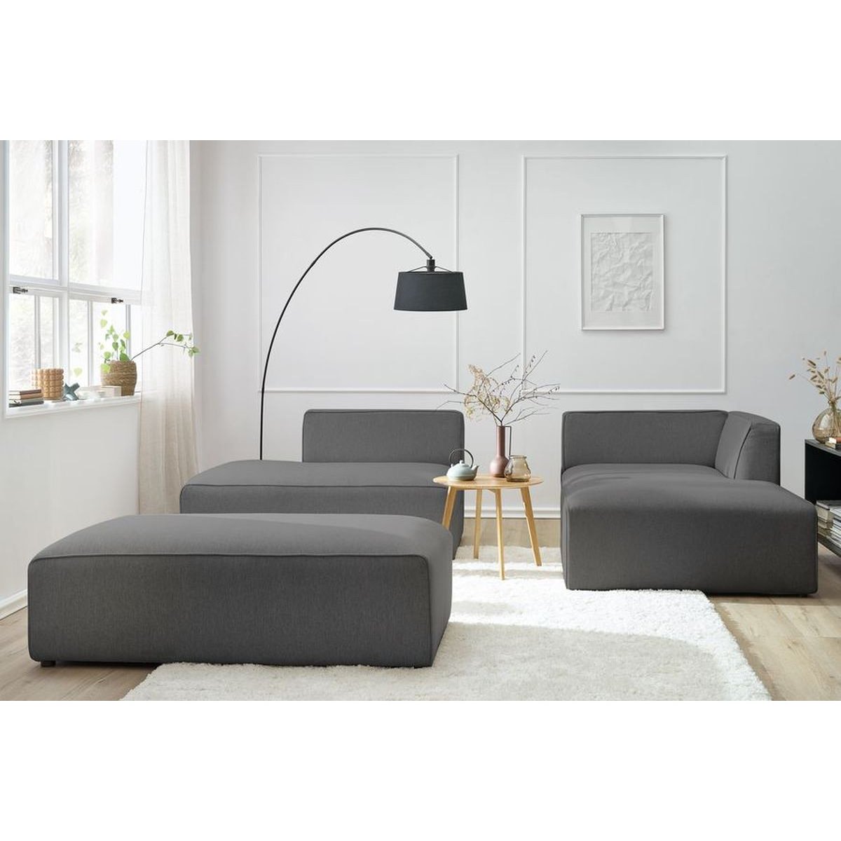Canapé modulable 5 places en tissu chiné avec pouf, MEGEVE gris foncé, BOBOCHIC