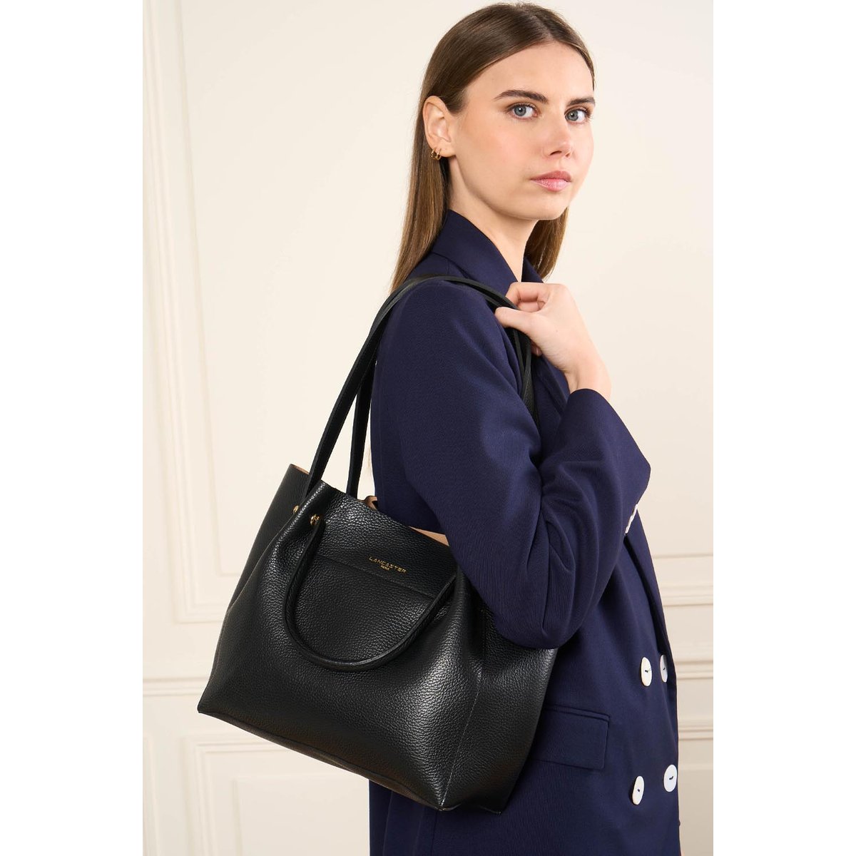 Grand sac cabas épaule, Made in France FOULONNÉ DOUBLE LOUISA noir - in - nude, LANCASTER