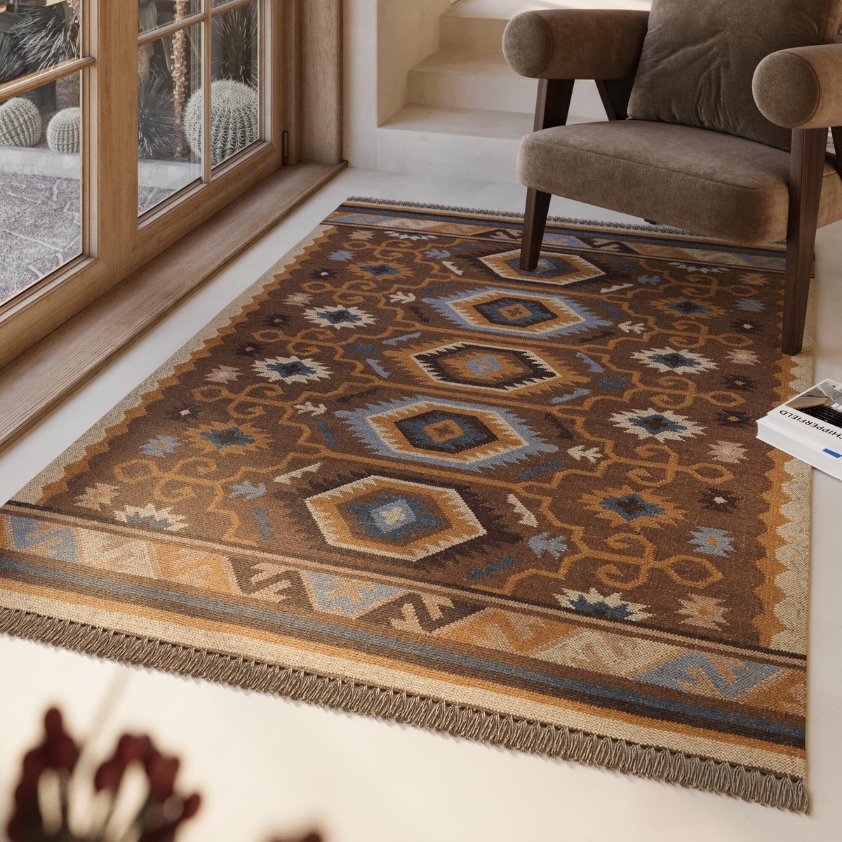 Tapis en laine kilim tissé main , VALERE brun, WECON HOME